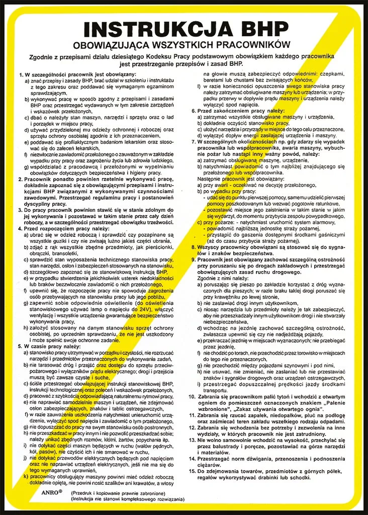 Plakat z instrukcją BHP w ramce o żółtym obramowaniu, zawiera szczegółowy tekst dotyczący zasad bezpieczeństwa pracy. Na górze znajduje się tytuł