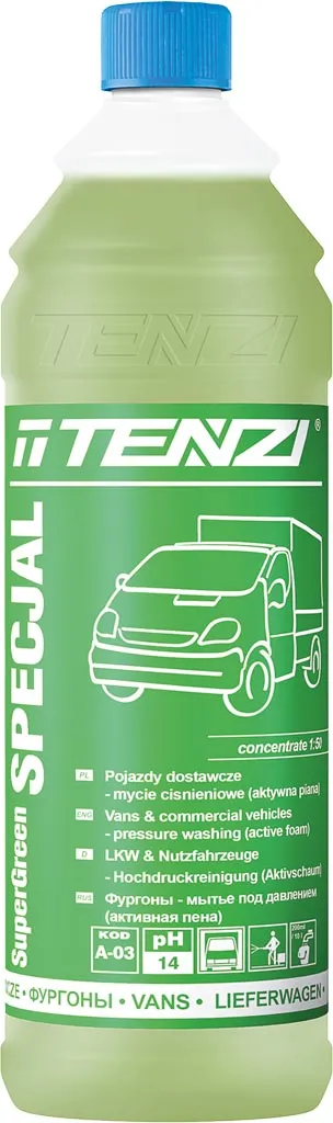 Zielona butelka preparatu do mycia karoserii Tenzi Special SuperGreen. Produkt przeznaczony do pojazdów dostawczych, skoncentrowany, tworzy aktywną pianę. Opakowanie z grafiką samochodu dostawczego i tekstem w języku polskim.