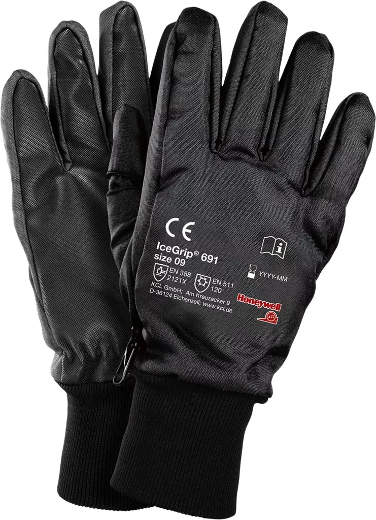 Czarne rękawice ochronne ICEGRIP 691, z długimi mankietami. Oznaczone symbolem CE, mają również oznaczenia norm EN 388 i EN 511, co wskazuje na ochronę mechaniczną i przed zimnem.