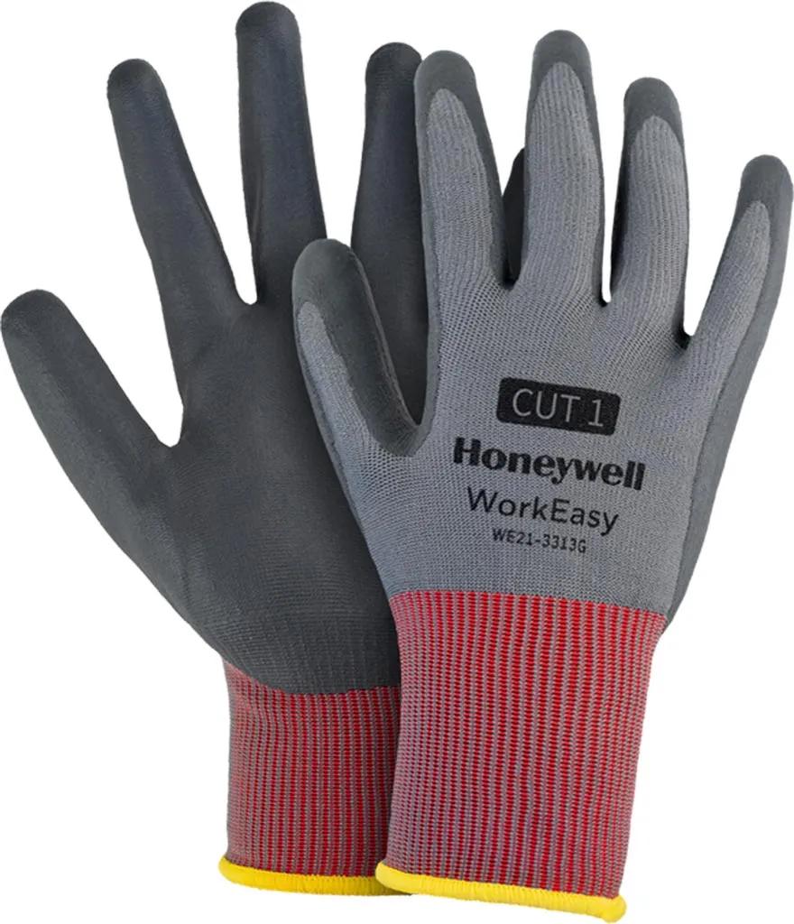 Rękawice ochronne Honeywell WorkEasy 3313G, model CUT 1, z czerwono-żółtym mankietem i szarą powłoką na dłoniach.