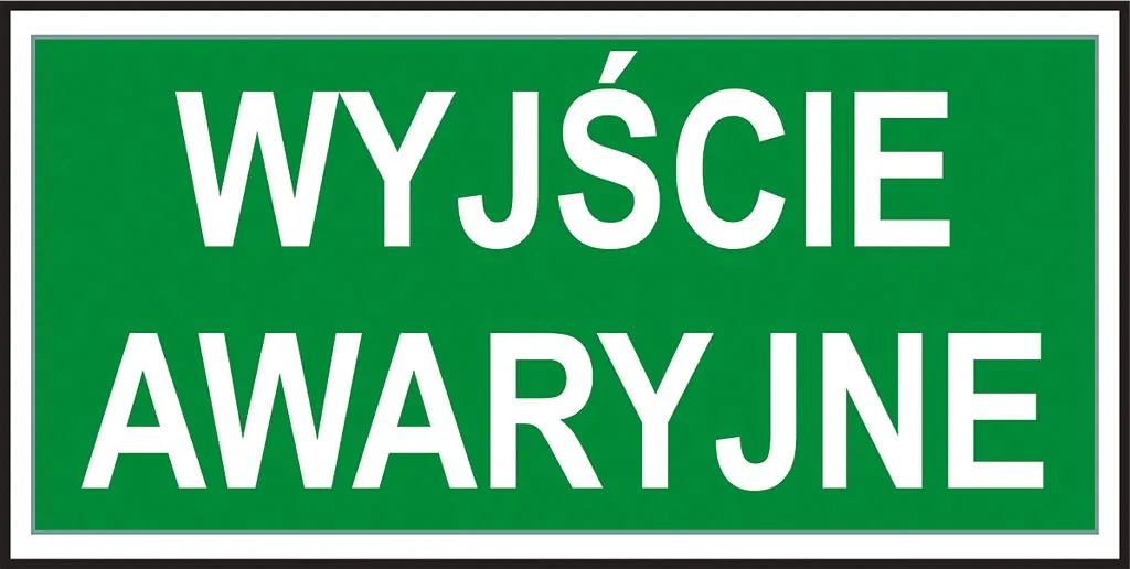 Znak ewakuacyjny „Wyjście awaryjne” o prostokątnym kształcie, z białymi napisami na zielonym tle.