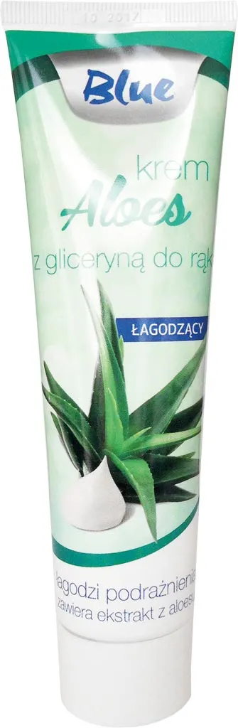 Krem do rąk Blue z ekstraktem z aloesu, przeznaczony do codziennej pielęgnacji skóry. Opakowanie w formie tubki z grafiką liści aloesu.