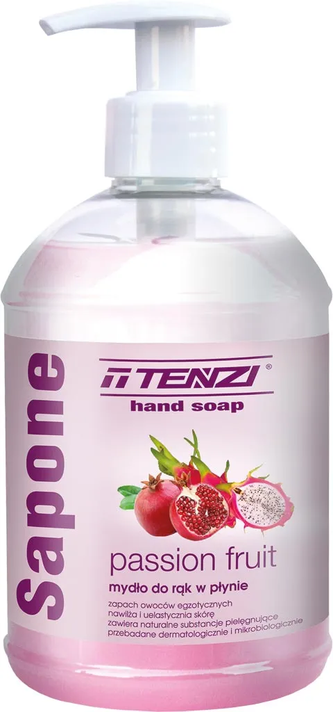 Różowa butelka z mydłem w płynie Sapone marki Tenzi o zapachu marakui, przeznaczona do mycia rąk. Produkt posiada pompkę ułatwiającą dozowanie.
