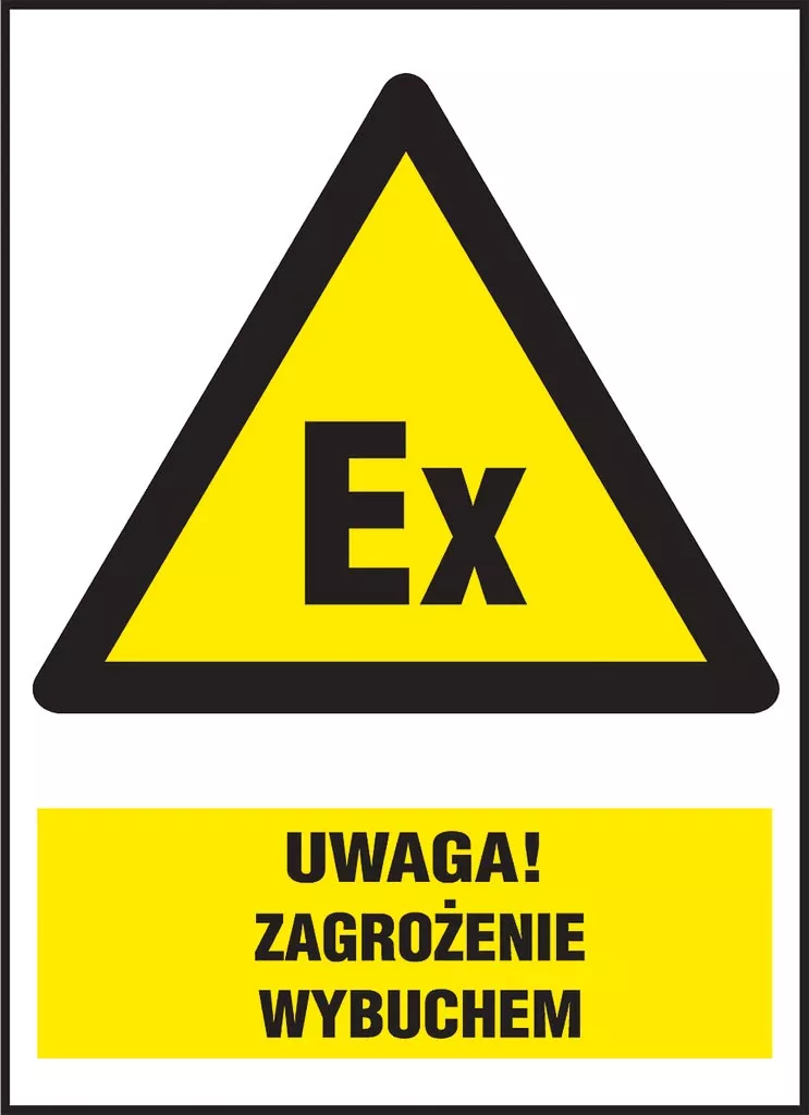 Znak bezpieczeństwa w kształcie trójkąta z żółtym tłem i czarną ramką. W środku symbol