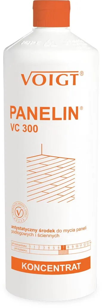 Butelka środka do mycia paneli Voigt Panelin VC 300. Jest to koncentrat w białej butelce z pomarańczowymi i szarymi detalami, opisującymi jego zastosowanie antystatyczne. Na etykiecie znajduje się również grafika przedstawiająca panele.
