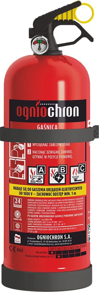 Czerwona gaśnica proszkowa 2 kg oznaczona nazwą 