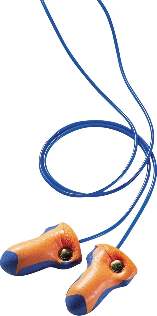 Zatyczki do uszu Laser Trak® na niebieskim sznureczku, w kolorze pomarańczowym z żółtymi elementami i metalowym wkładem.