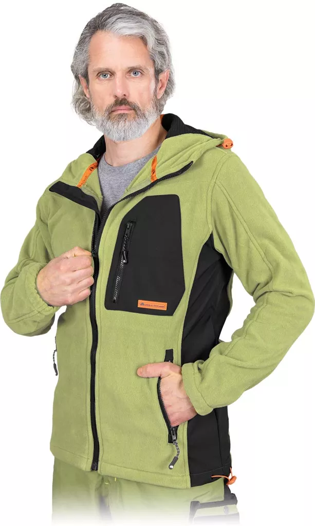 Bluza z polaru NEW AGE w kolorze zielonym, z czarnymi wstawkami. Posiada zamek błyskawiczny, kieszeń na piersi oraz boczne kieszenie. Wyposażona w regulowany kaptur i elementy kontrastowe.
