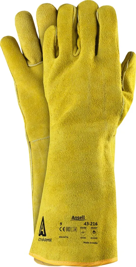 Rękawice ochronne WorkGuard™ 43-216, żółte, wykonane z materiału przypominającego zamsz. Na rękawicy widoczne oznaczenie CE oraz znak zgodności z normami europejskimi.