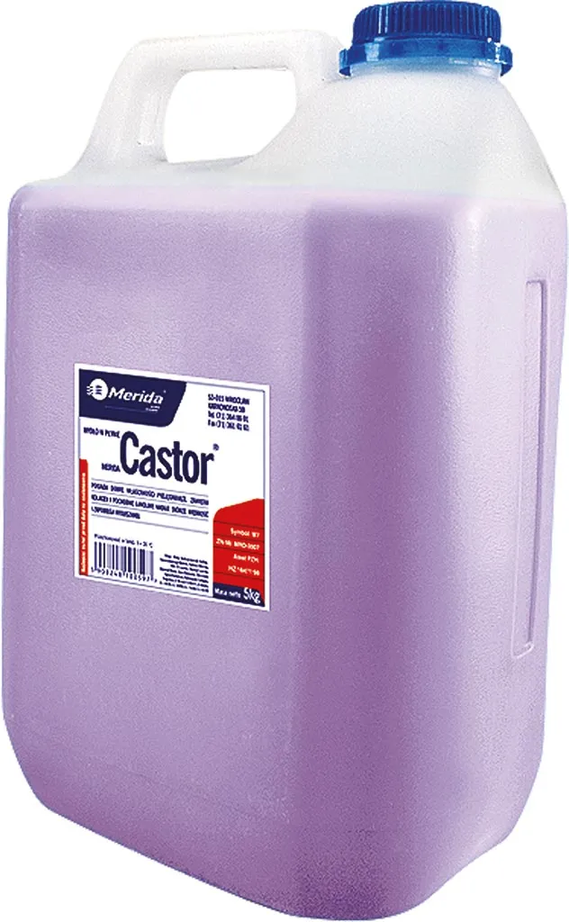 Duży, plastikowy pojemnik mydła w płynie MERIDA Castor® w kolorze fioletowym o pojemności 5 litrów. Na etykiecie znajduje się logo Merida oraz informacja o produkcie.