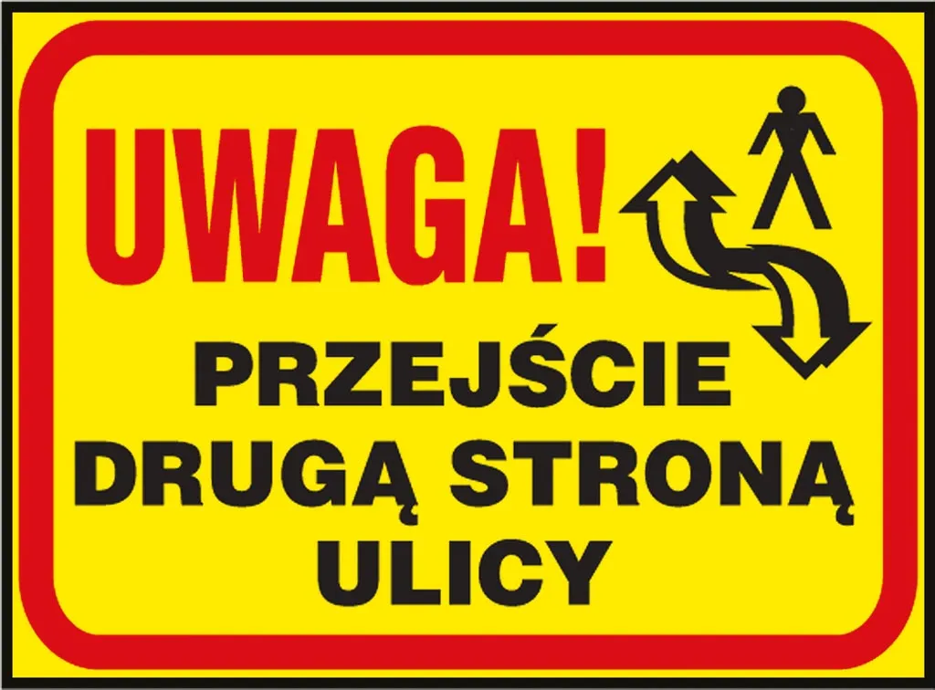 Żółta tablica ostrzegawcza z czarnymi i białymi napisami i symbolami. Główny napis