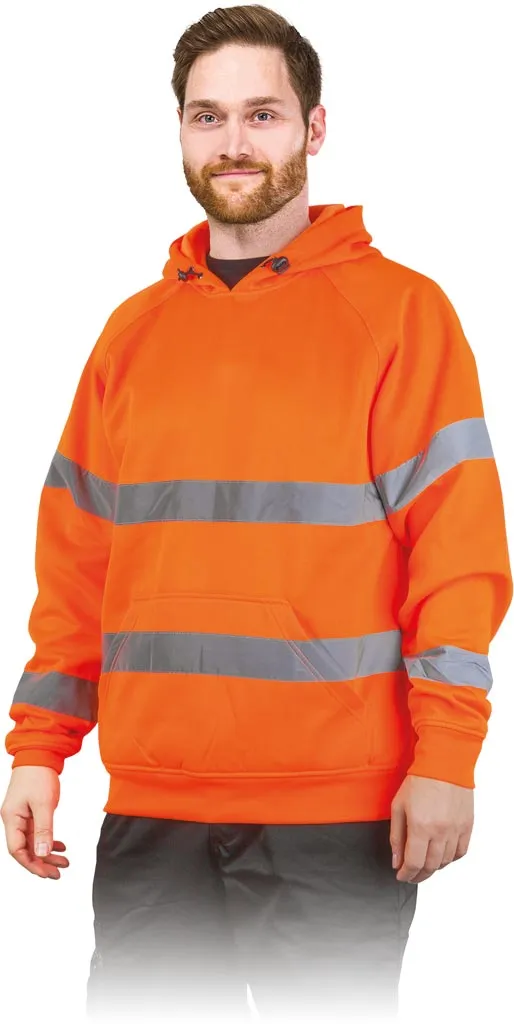 Bluza ochronna w kolorze pomarańczowym z poziomymi, odblaskowymi pasami. Posiada kaptur oraz długie rękawy.