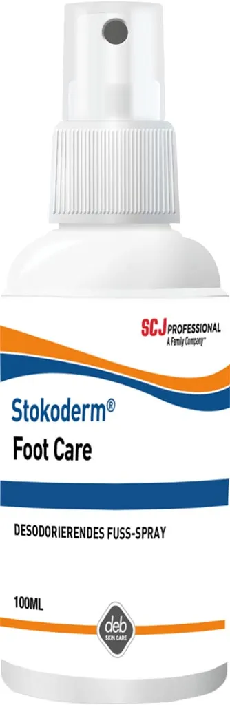 Spray do stóp Stokoderm Foot Care, dezodoryzujący, pojemność 100 ml. Opakowanie z białym atomizerem i pomarańczowo-niebieskimi detalami.