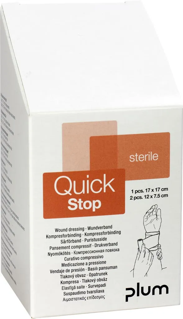Opakowanie zawiera 4 opatrunki QuickStop marki Plum, każdy o wymiarach 17 x 17 mm. Produkt sterylny, przeznaczony do zatrzymywania krwawienia.