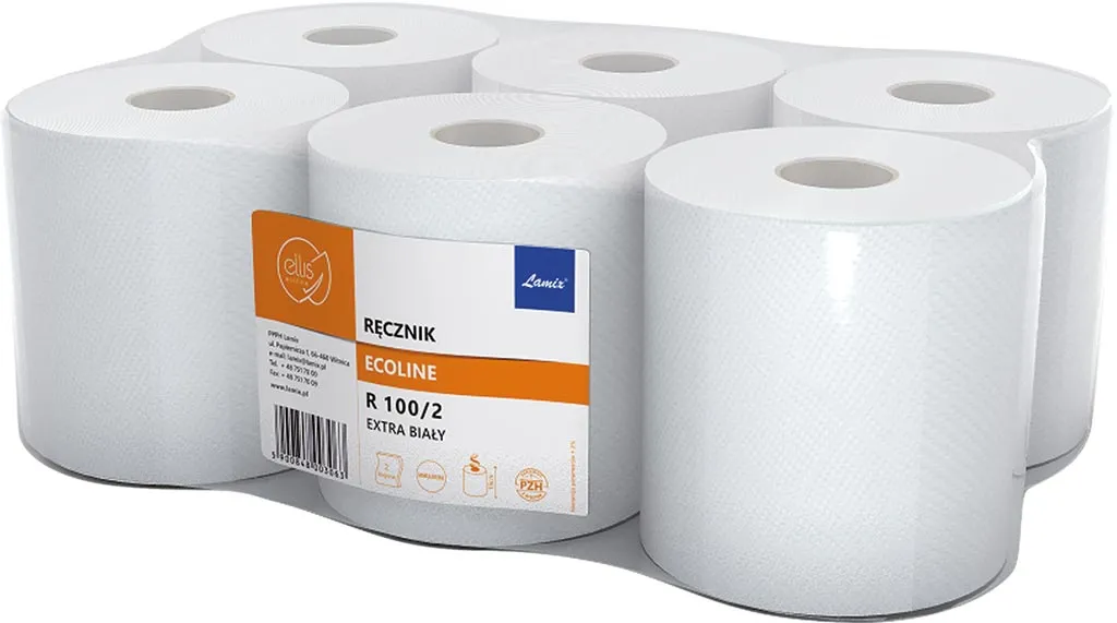 Sześć białych rolek ręczników papierowych, każda rola z dużym otworem w środku, zapakowane razem. Na opakowaniu etykieta z nazwą i kodem produktu.
