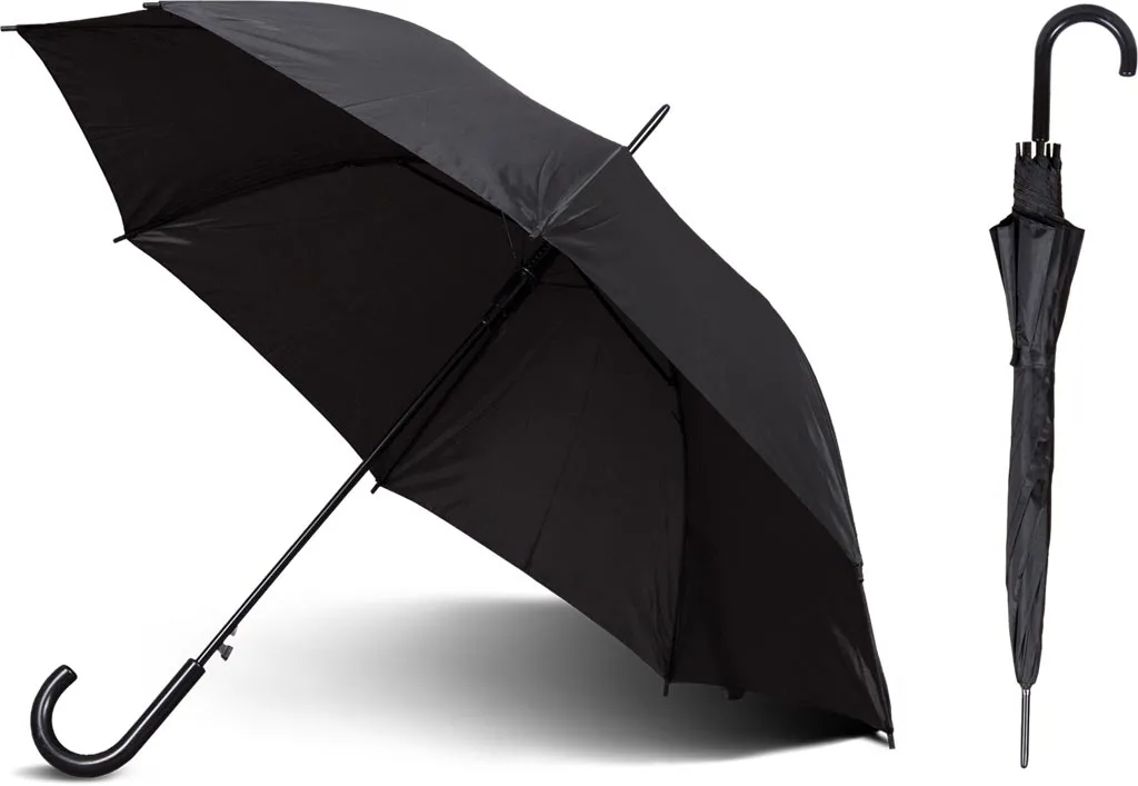 Parasol przeciwdeszczowy typu laska o kolorze czarnym. Posiada zakrzywioną rączkę i jest przedstawiony zarówno w pozycji otwartej, jak i zamkniętej.