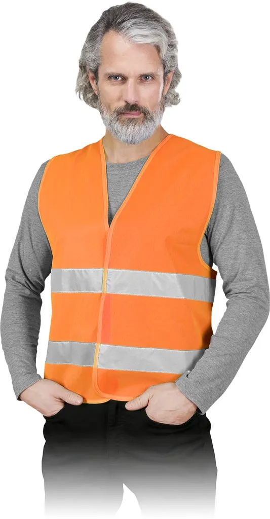 Kamizelka ostrzegawcza w kolorze pomarańczowym, wyposażona w dwie poziome, srebrne, odblaskowe taśmy. Kamizelka jest bezrękawnikiem i ma zapięcie na rzepy z przodu.