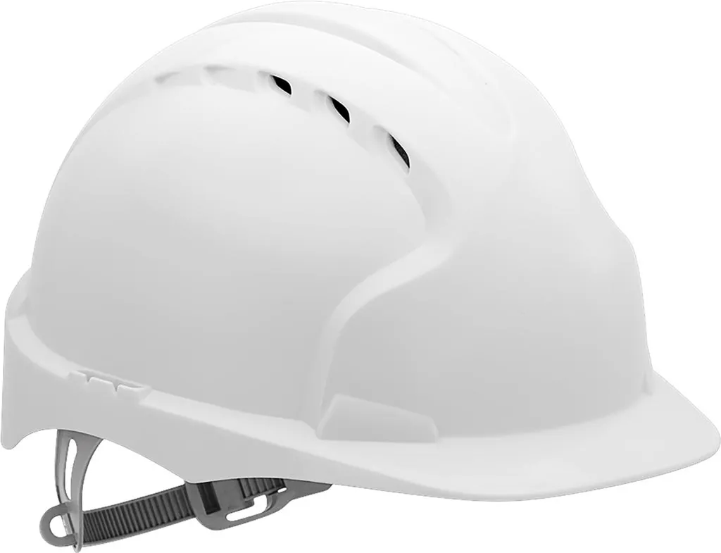 Hełm ochronny EVO2, kolor biały, wykonany z tworzywa HDPE. Posiada otwory wentylacyjne oraz regulowany system zawieszenia.