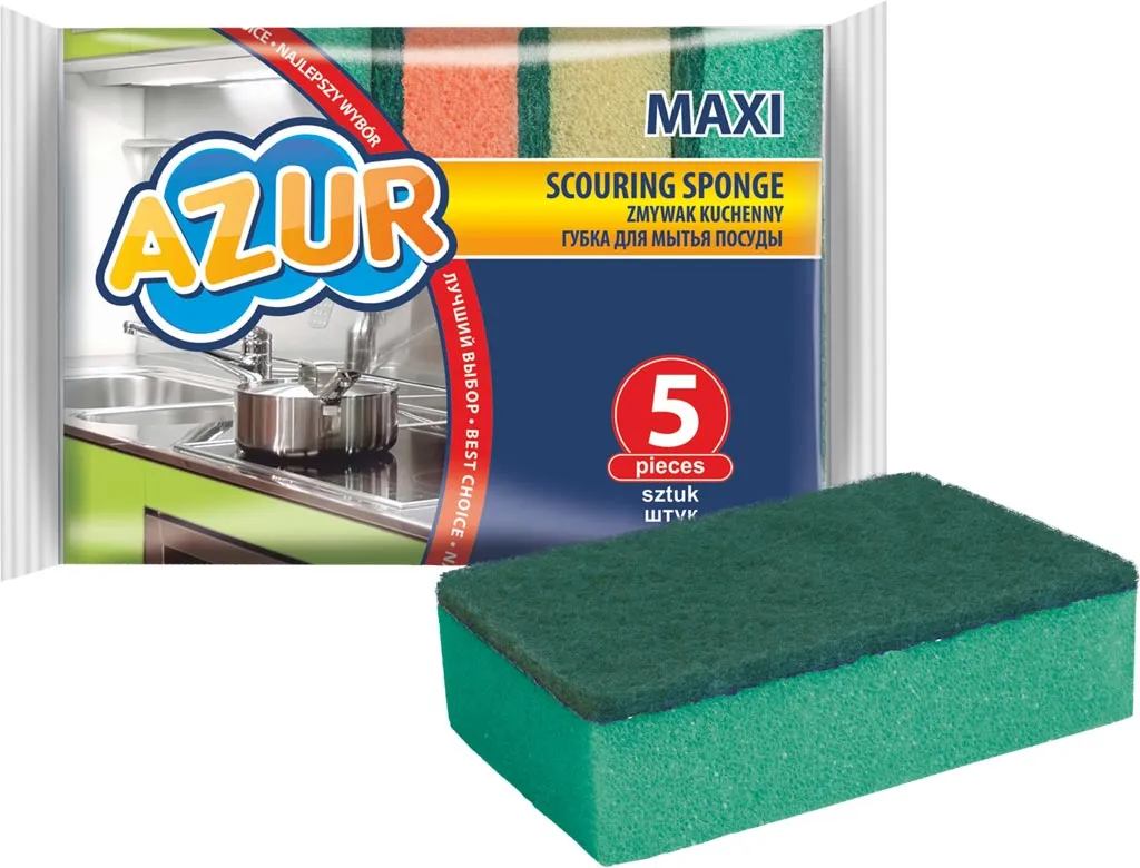 Zmywak kuchenny AZUR MAXI, w zestawie 5 sztuk, dwustronna gąbka do szorowania. Jedna strona zielona, druga jasna.