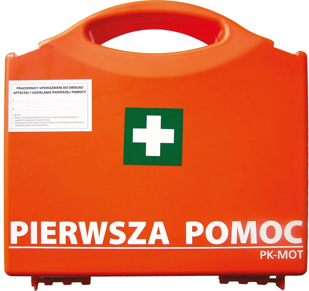 Pomarańczowa, przenośna apteczka pierwszej pomocy z białym krzyżem i napisem