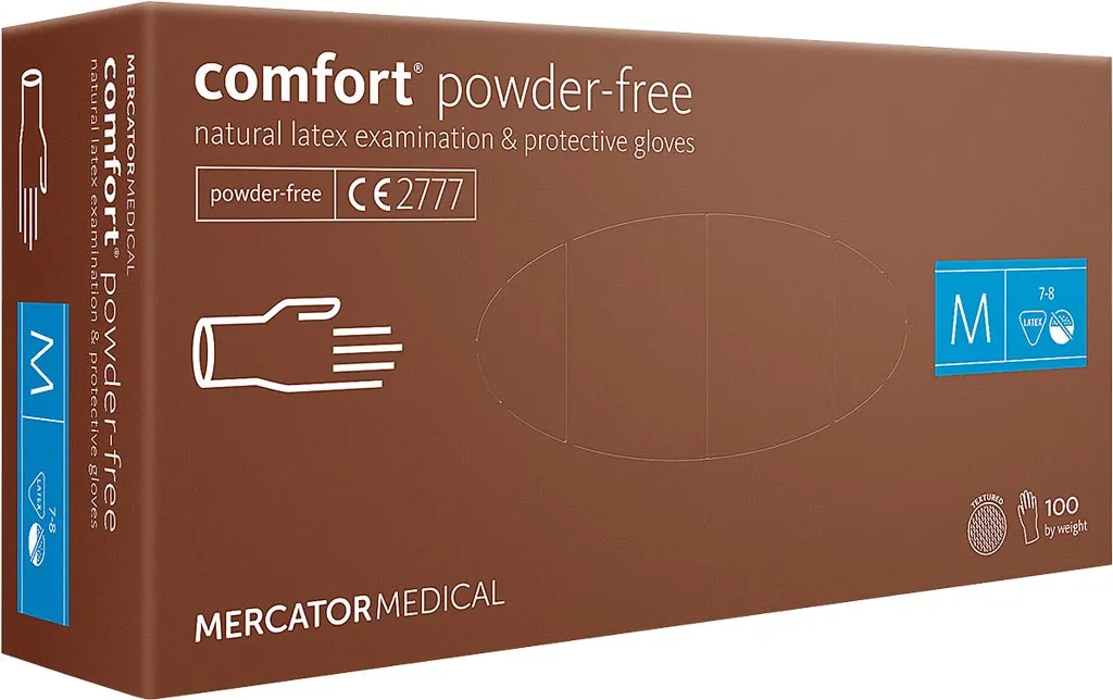 Opakowanie brązowe, z logo Mercator Medical, zawiera rękawice lateksowe comfort w rozmiarze M, bezpudrowe, z oznaczeniem CE 2777.