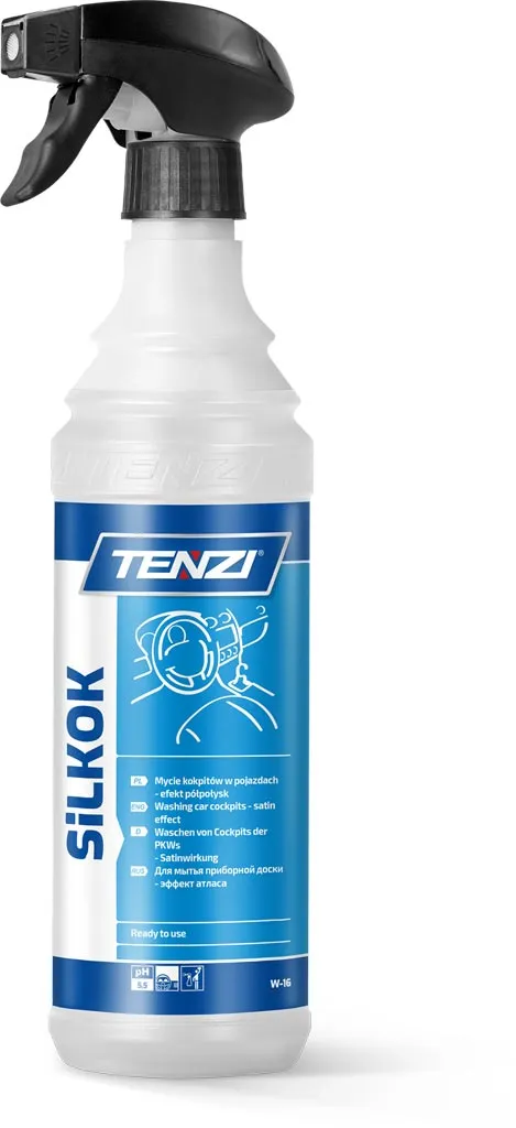 Butelka z preparatem do pielęgnacji kokpitów samochodowych SiLKOK marki TENZI. Opakowanie jest białe z niebieskimi elementami, posiada atomizer. Na etykiecie znajdują się informacje o produkcie i grafika przedstawiająca połyskujący kokpit.