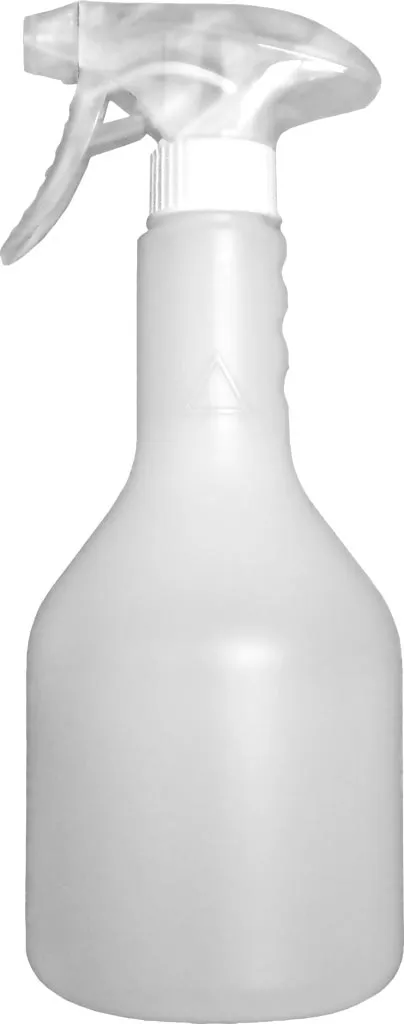 Butelka z rozpylaczem wykonana z przezroczystego plastiku o białej barwie, posiada wygodny uchwyt oraz ręczny mechanizm spryskiwania.