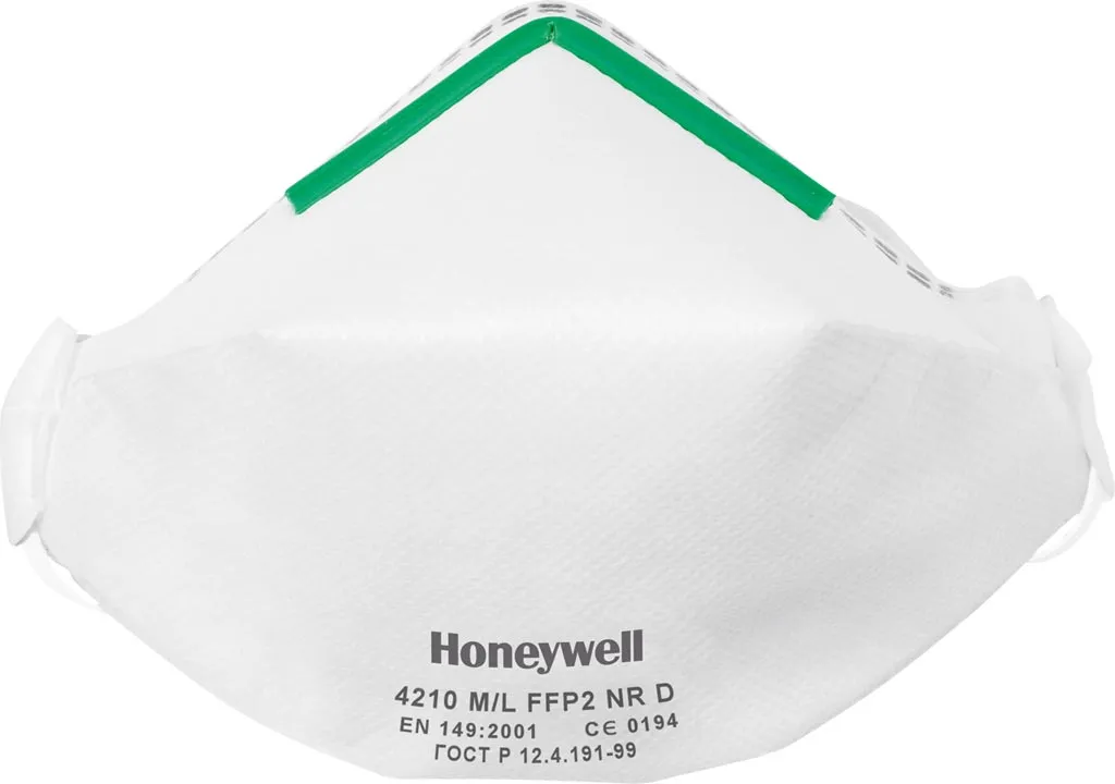 Półmaska przeciwpyłowa Honeywell 4210 FFP2 NR D, kolor biały, z zielonym paskiem na górnej krawędzi. Na przedniej stronie widoczne logo firmy i model maski.