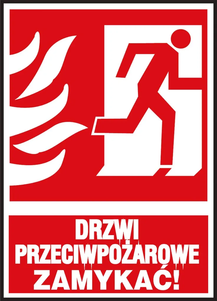 Znak bezpieczeństwa z białym symbolem mężczyzny przebiegającego przez drzwi i płomienie na czerwonym tle, z napisem