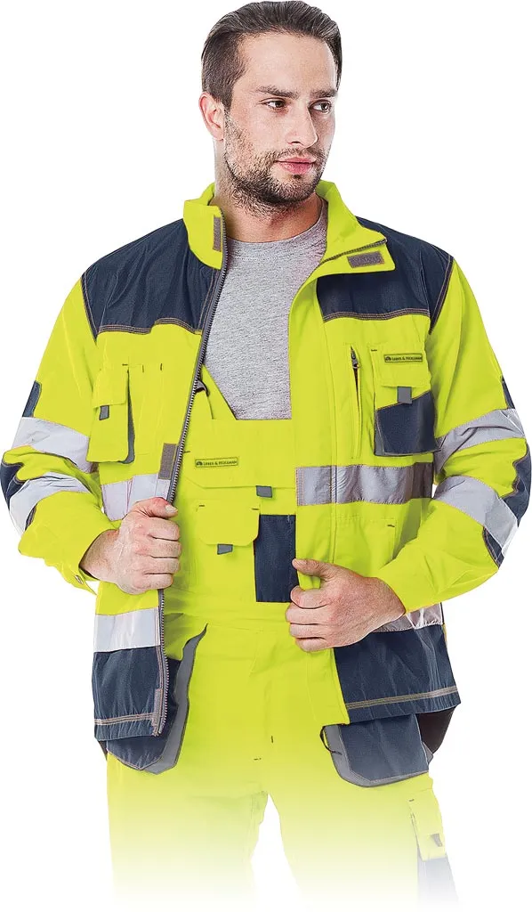 Bluza ochronna męska w kolorze fluorescencyjnym żółtym z niebieskimi i szarymi akcentami. Posiada odblaskowe paski dla lepszej widoczności, wiele kieszeni oraz zamek błyskawiczny.
