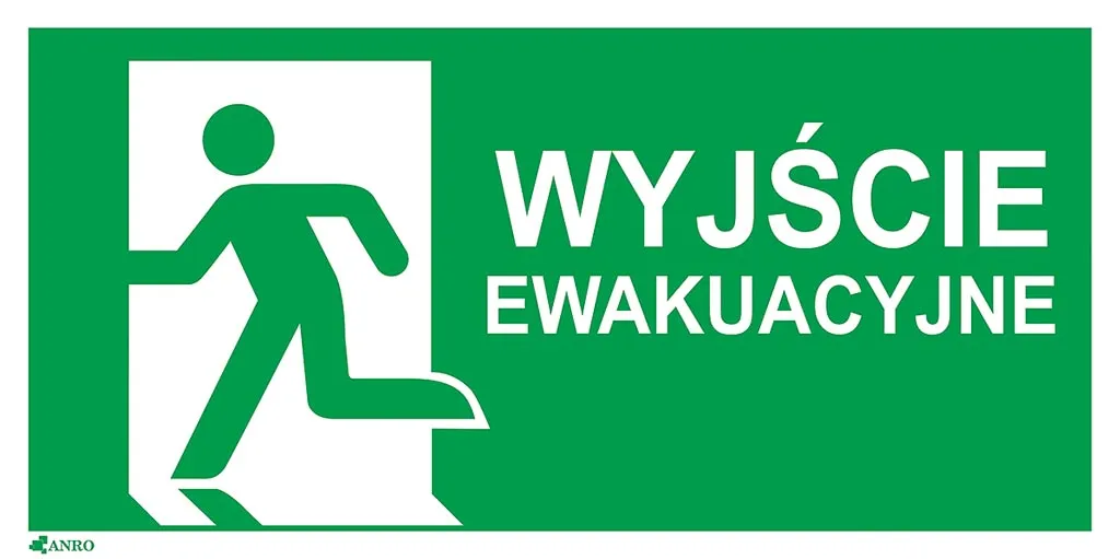 Zielony znak bezpieczeństwa z białymi elementami przedstawiający sylwetkę osoby szybko idącej w kierunku wyjścia, z napisem