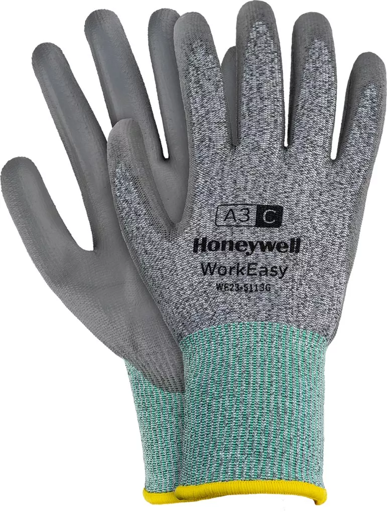 Rękawice ochronne Honeywell WorkEasy 5113G, ze wzmocnieniem na dłoni, posiadają certyfikat bezpieczeństwa A3. Są koloru szarego z zieloną mankietem.