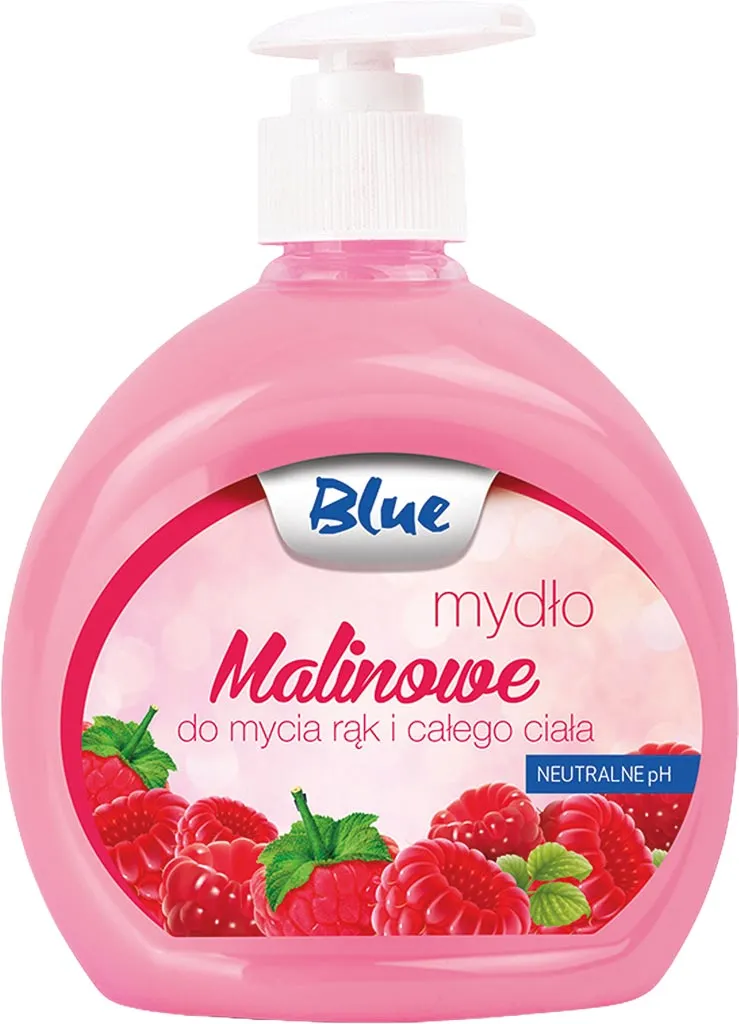 Produkt to różowe mydło w płynie Blue Malinowe, przeznaczone do mycia rąk i całego ciała, neutralne pH. Opakowanie jest przezroczyste z pompką. Na etykiecie znajdują się obrazki malin i listków mięty.