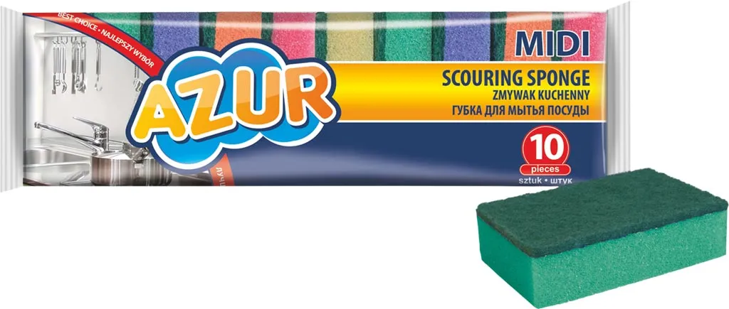 Zmywak kuchenny marki AZUR, model MIDI, w opakowaniu zawierającym 10 sztuk. Zmywak jest dwustronny, z jednej strony gąbka, z drugiej strony zielona warstwa do szorowania.