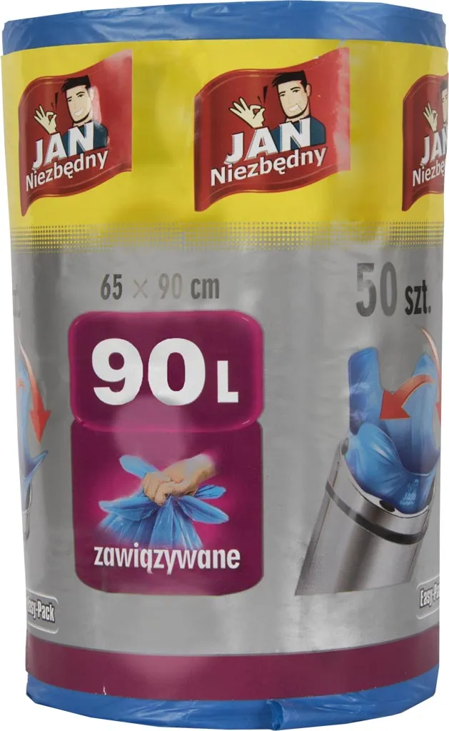 Opakowanie zawiera 50 sztuk worków na śmieci marki Jan Niezbędny. Każdy worek ma pojemność 90 litrów i wymiary 65 x 95 cm. Worki są zawiązywane.