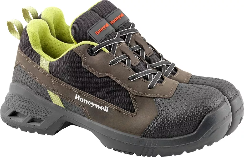 Buty bezpieczeństwa Honeywell, model SPRINT, w kolorach szarym i zielonym, posiadają przewiewną siateczkę, wzmacniane noski i antypoślizgową podeszwę.