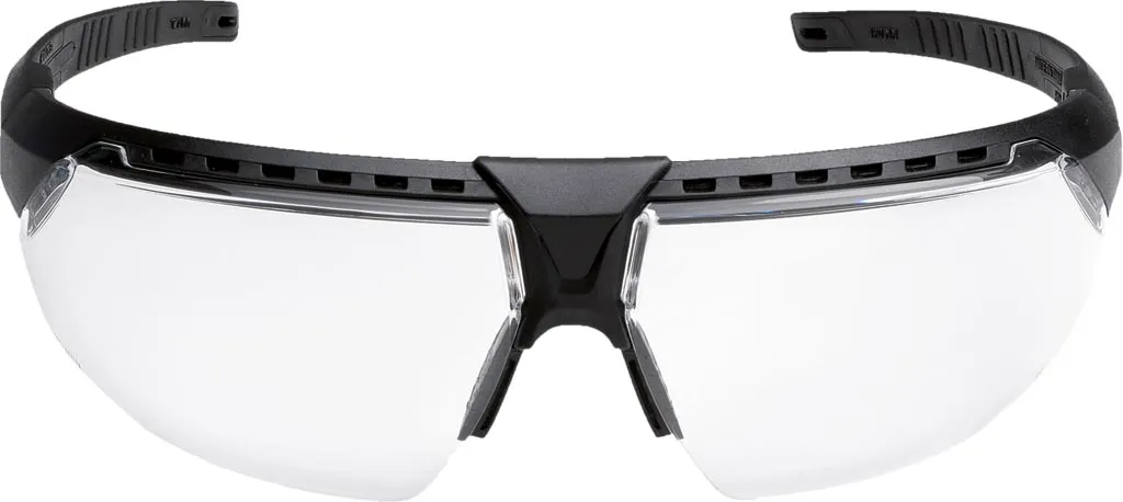 Okulary ochronne Honeywell Avatar™ OTG z przezroczystymi soczewkami i czarną, regulowaną oprawką. Posiadają wentylację na górnej części oraz elastyczny pasek.