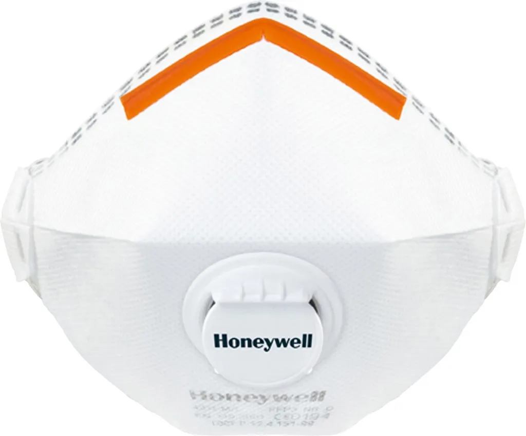 Półmaska filtrująca Honeywell 4311, kolor biały, z pomarańczowymi paskami u góry. Posiada zaworek umieszczony centralnie. Na masce znajduje się logo marki.