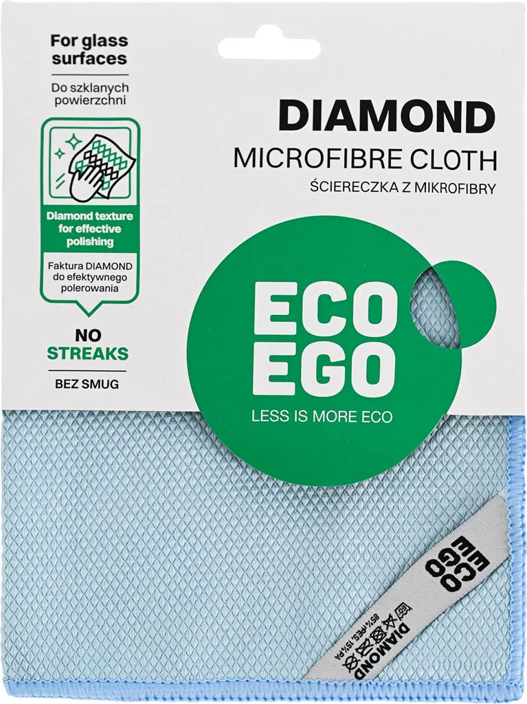 Ściereczka z mikrofibry marki DIAMOND, przeznaczona do czyszczenia powierzchni szklanych. Produkt jest bardziej ekologiczny, jak wskazuje etykieta