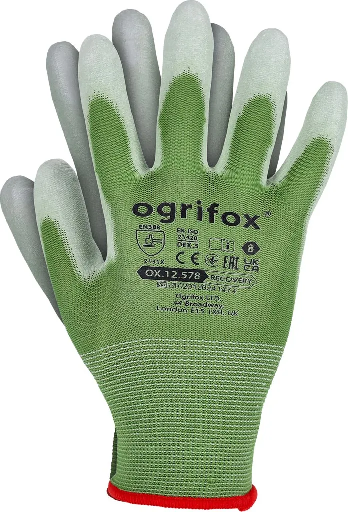Rękawice ochronne Ogrifox OX.12.578 Recovery, zielone, z powłoką na palcach i wewnętrznej stronie dłoni, posiadają certyfikaty CE i EN 388. Logo Ogrifox znajduje się na grzbiecie rękawicy.