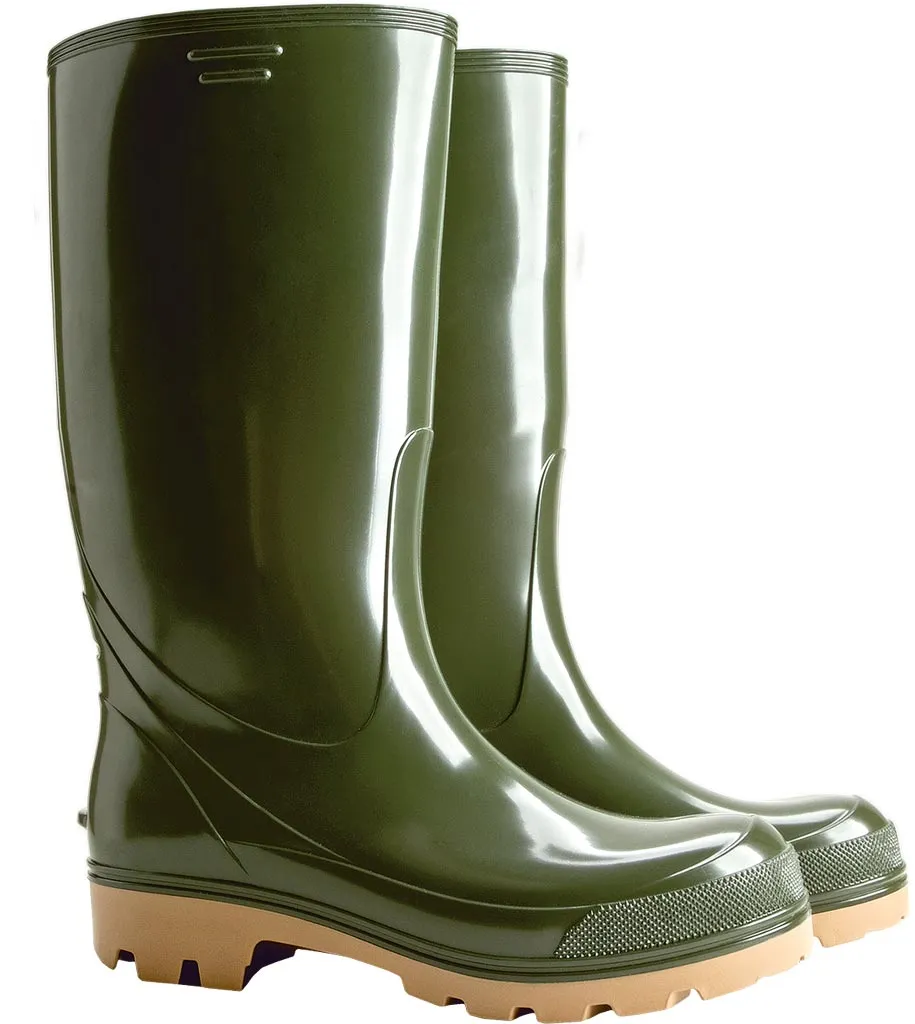 Buty męskie wysokie, typ kalosz, kolor zielony, wykonane z gumy, z wzmocnionym przodem i grubsza podeszwą dla lepszej przyczepności.