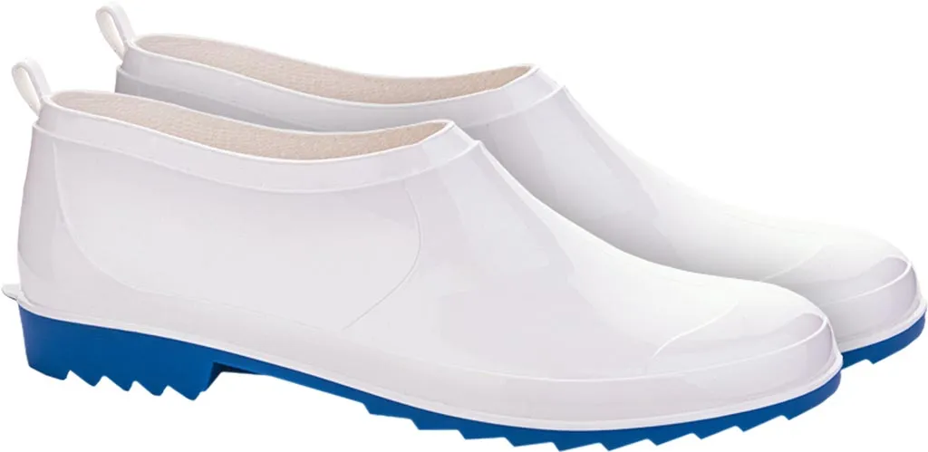 Buty ochronne typu galosze, kolor biały, z niebieską, płaską podeszwą z bieżnikiem. Posiadają małą pętelkę z tyłu ułatwiającą zakładanie.