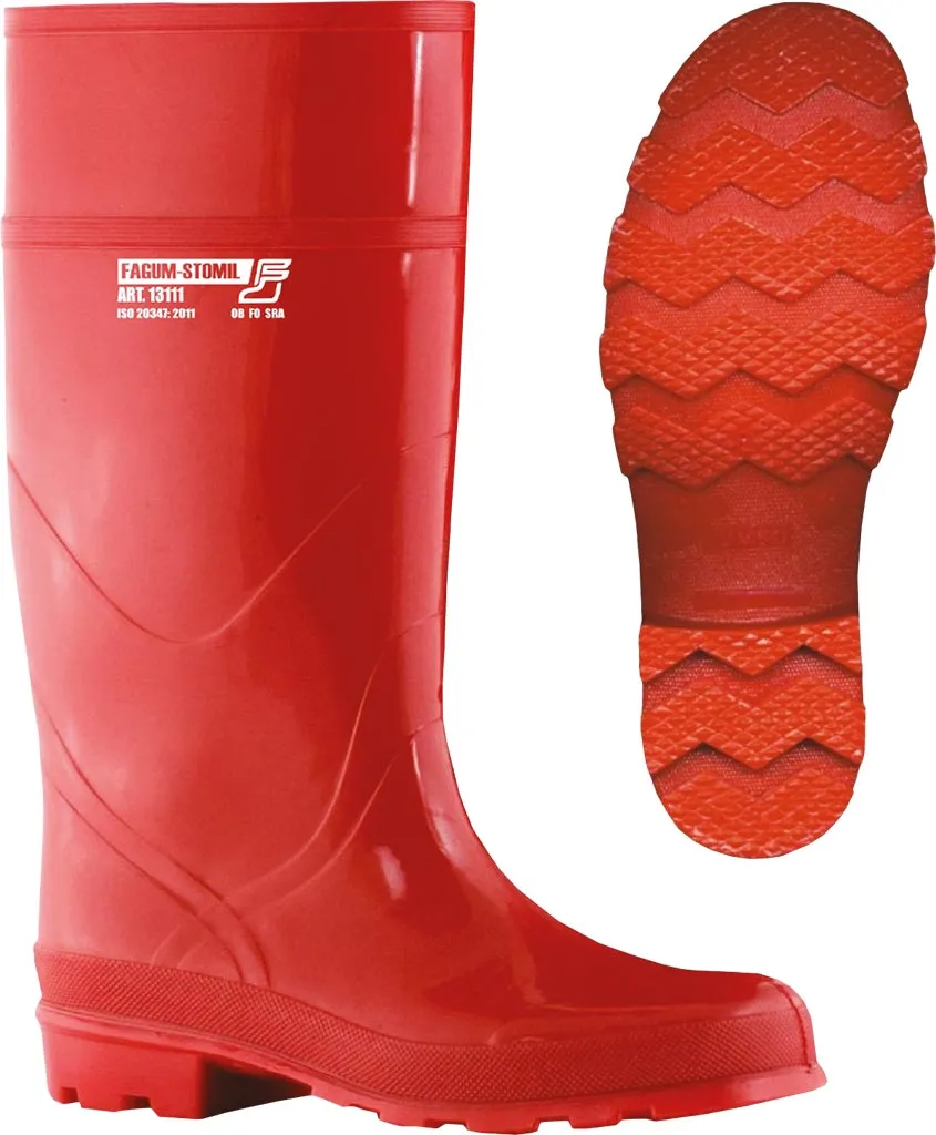 Czerwone buty zawodowe kwasoługoodporne, model 13111 F, z wysoką cholewką i antypoślizgową podeszwą.