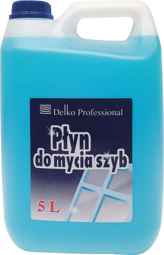 Niebieski płyn do mycia szyb w plastikowym, przezroczystym opakowaniu o pojemności 5 litrów, z białym korkiem. Na etykiecie znajduje się nazwa
