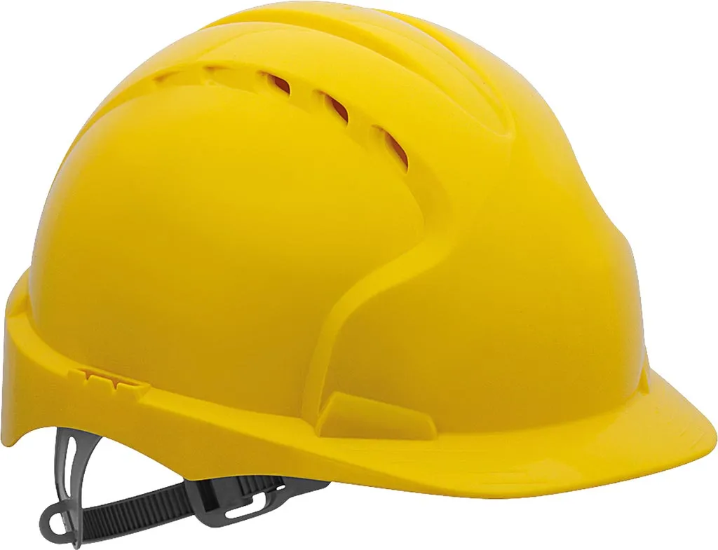 Żółty hełm ochronny EVO2 wykonany z tworzywa HDPE, z regulowanym zapieciem i wentylacją.
