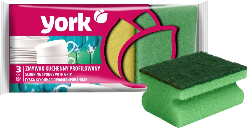 Opakowanie zawiera trzy profilowane zmywaki kuchenne w kolorach zielonym i żółtym, przeznaczone do mycia naczyń.
