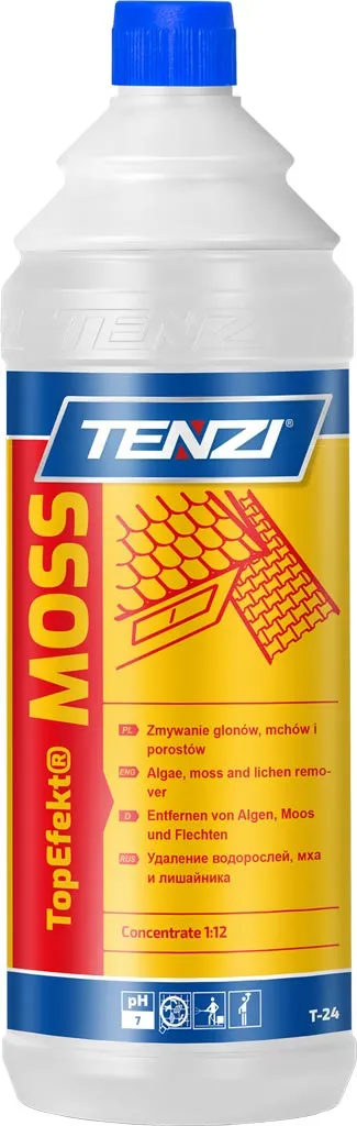 Biało-niebieskie opakowanie preparatu TopEfect MOSS marki TENZI. Produkt jest skoncentrowany, przeznaczony do usuwania zielonych nalotów.