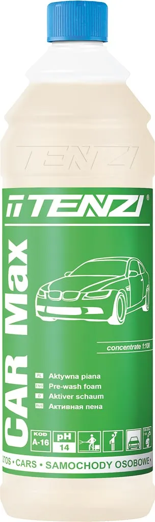 Butelka z płynem CAR Max marki TENZI do mycia karoserii, pojemność 1 litr. Produkt jest skoncentrowany, przeznaczony do aktywnej piany, skuteczny w usuwaniu zabrudzeń drogowych. Butelka jest koloru zielonego, z białą nakrętką.