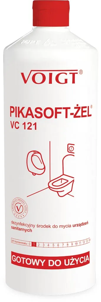 Biała butelka z czerwonymi napisami i grafiką, zawiera środek dezynfekujący PIKASOFT-ŻEL VC 121 marki Voigt. Przeznaczony do czyszczenia toalet.