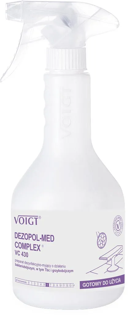 Płyn Dezopol-Med Complex VC 430 jest alkoholowym preparatem dezynfekcyjno-myjącym w białej butelce z rozpylaczem. Zawiera związki amoniowe i przeznaczony jest do dezynfekcji. Butelka ma białe etykiety z fioletowymi akcentami i logotypem